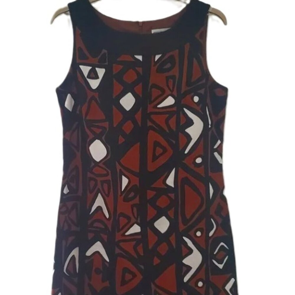 Aztec Tribal Pattern Fitted Dress Sleeveless Short Cotton Knit Brown Black White